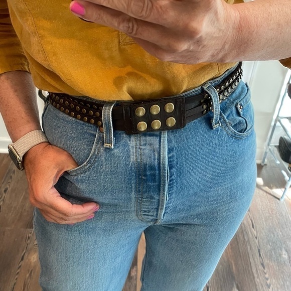 Brown Leather Gold Studs Four Strands Wide Belt Total length size Small Medium main image 12